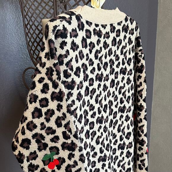New! Leopard & Embroidered Cherry Crewneck One-Size Sweater Measurements Below - Picture 13 of 16
